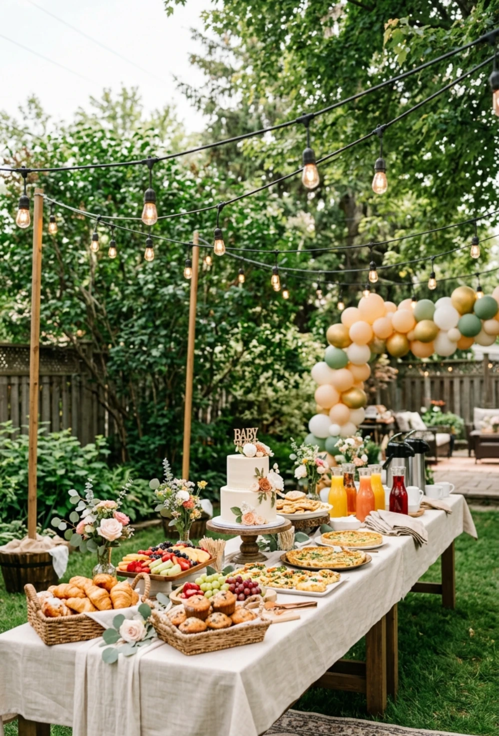 Outdoor Brunch Buffet Under String Lights