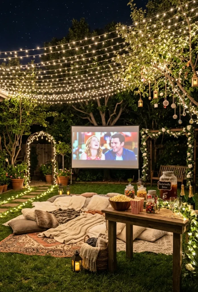Outdoor Movie Night with Fairy Lights
