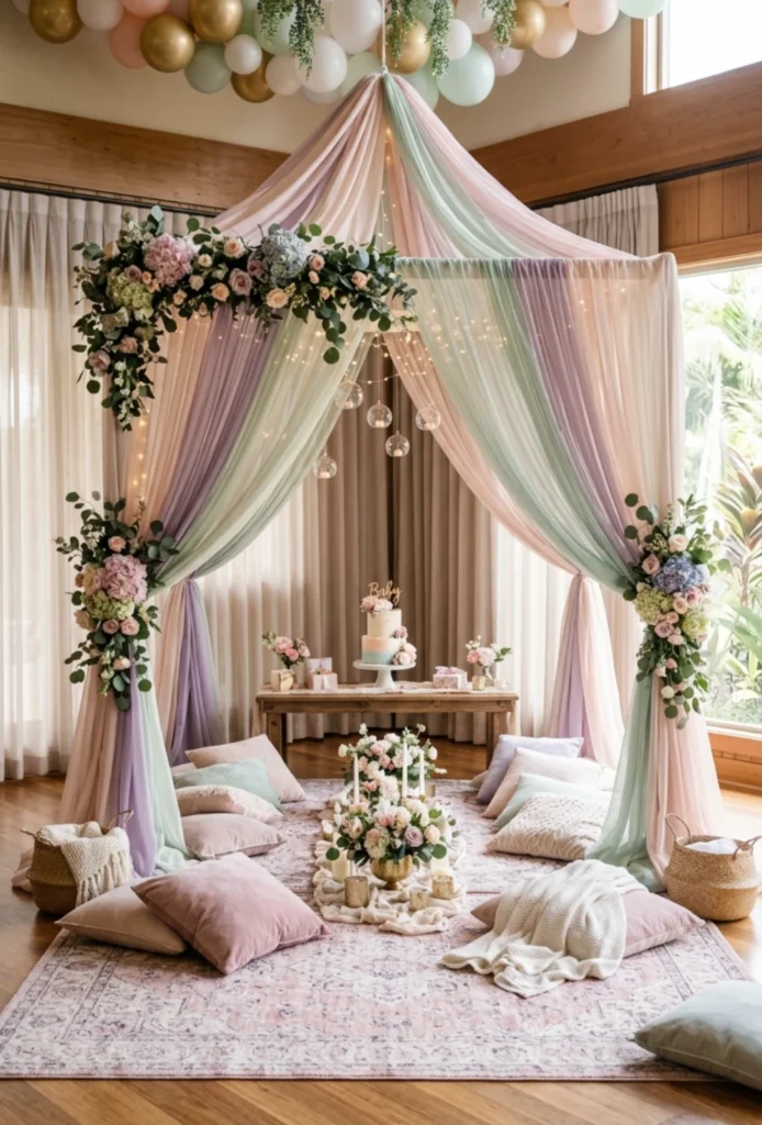Soft Pastel Canopy Tent Lounge Setup