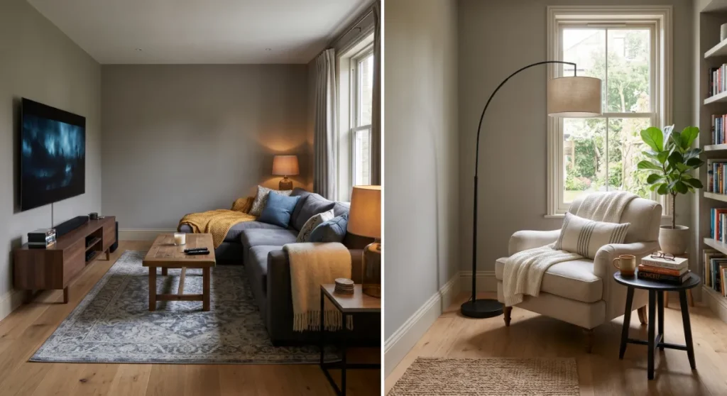 TV room vs reading nook decorations-clean