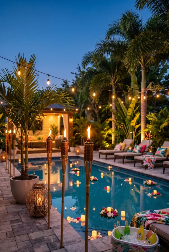 Tiki Torch Night Pool Party Ambiance