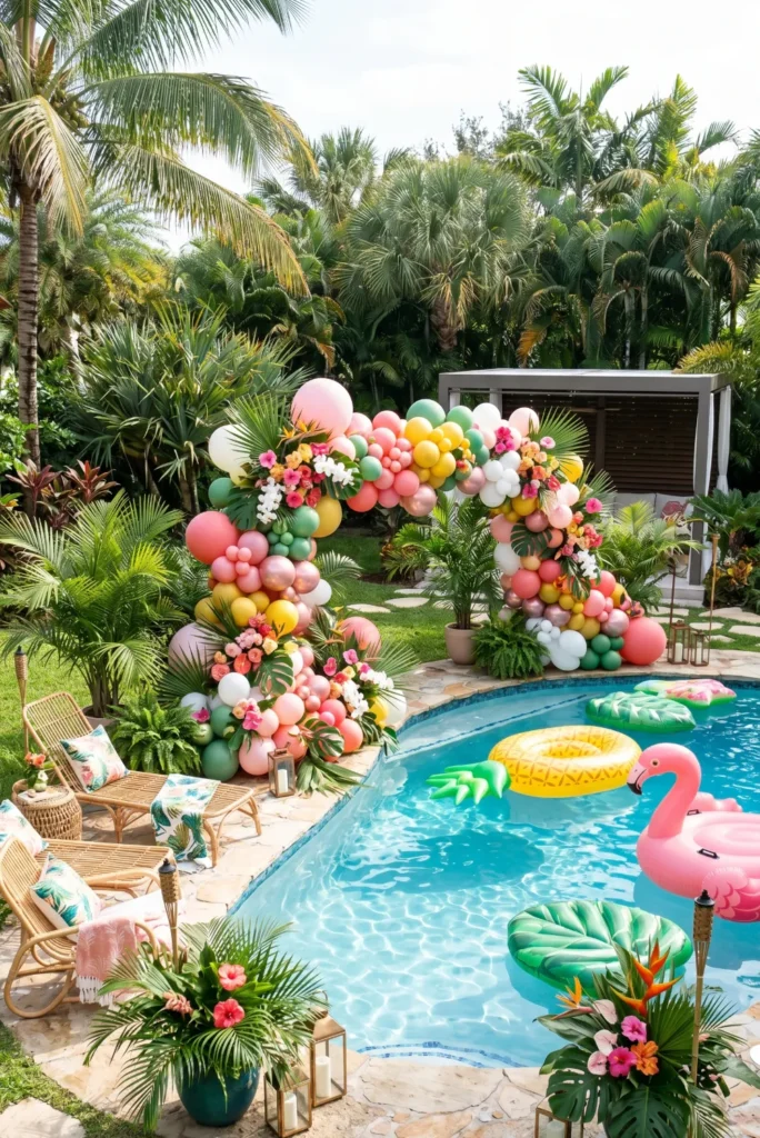 Tropical Balloon Arch and Floral Decor Setup