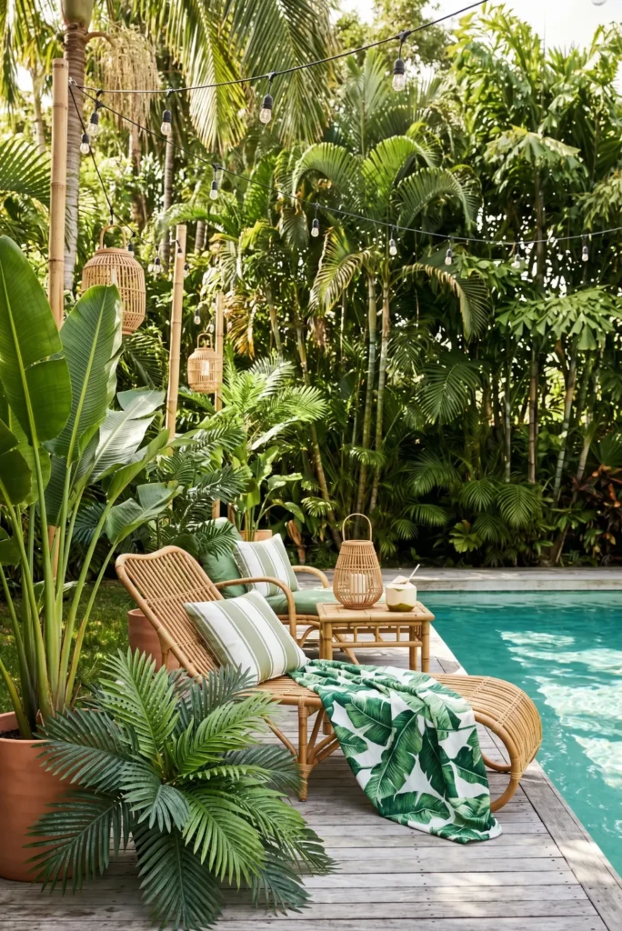 Tropical Paradise Poolside Setup with Palm Leaves