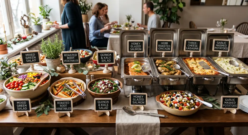 buffet table with labeled dishes, multiple options, and clear serving utensils