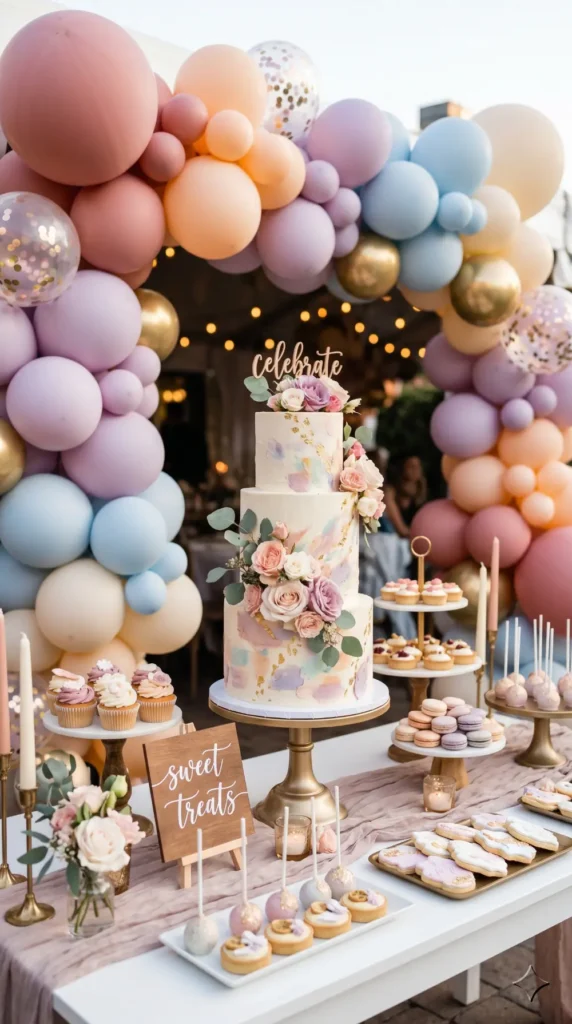close-up of a stunning dessert table focal point with balloon garland