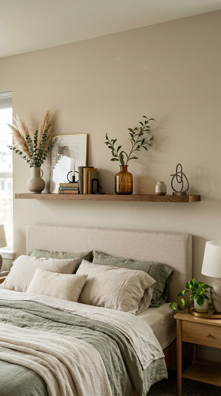 Asymmetrical Shelf Design Above the Bed