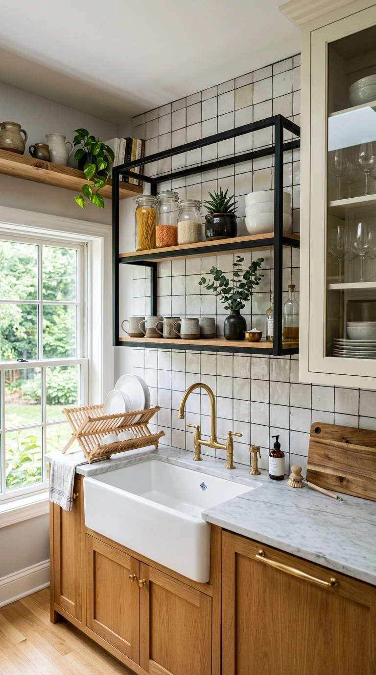 Black Metal Shelf Frame Above Sink Zone