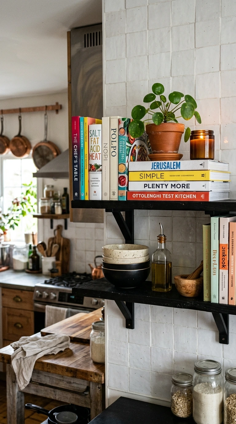 Black Shelves + Cookbooks Display