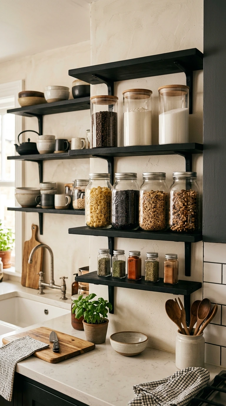Black Shelves + Glass Jar Storage