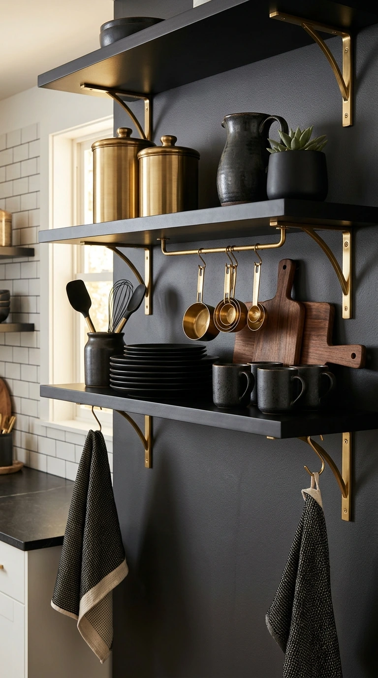 Black Shelves with Brass Accents
