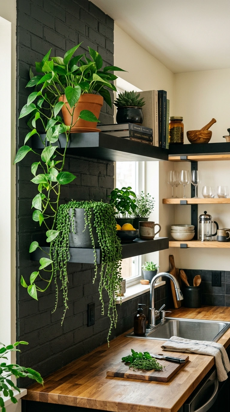 Black Shelves with Green Plants