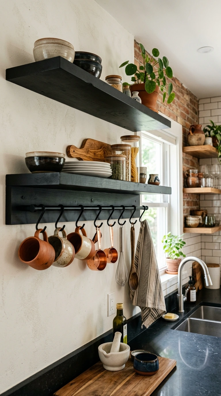 Black Shelves with Hooks for Mugs and Tools