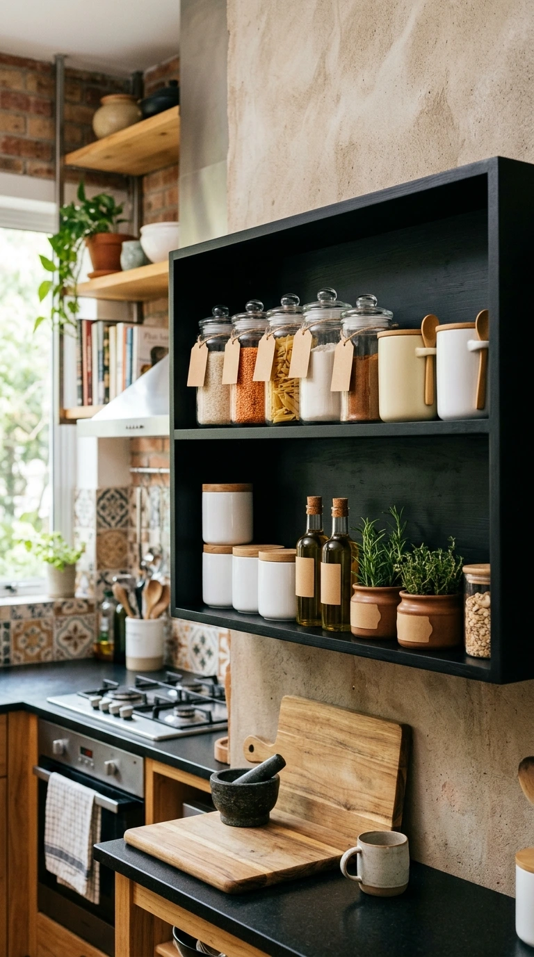 Black Shelves with Labeled Containers