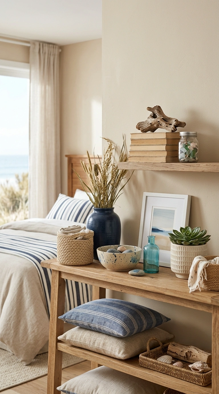 Blue and Sand Tone Shelf Decor