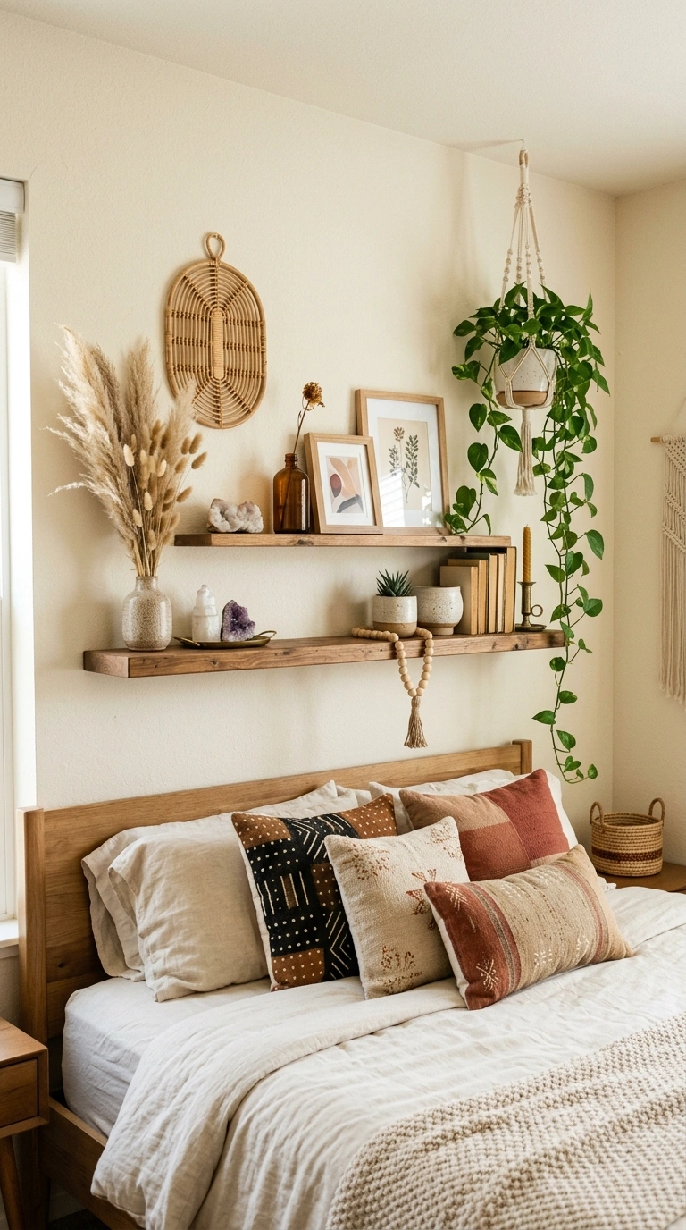 Boho Shelf Styling Above the Bed
