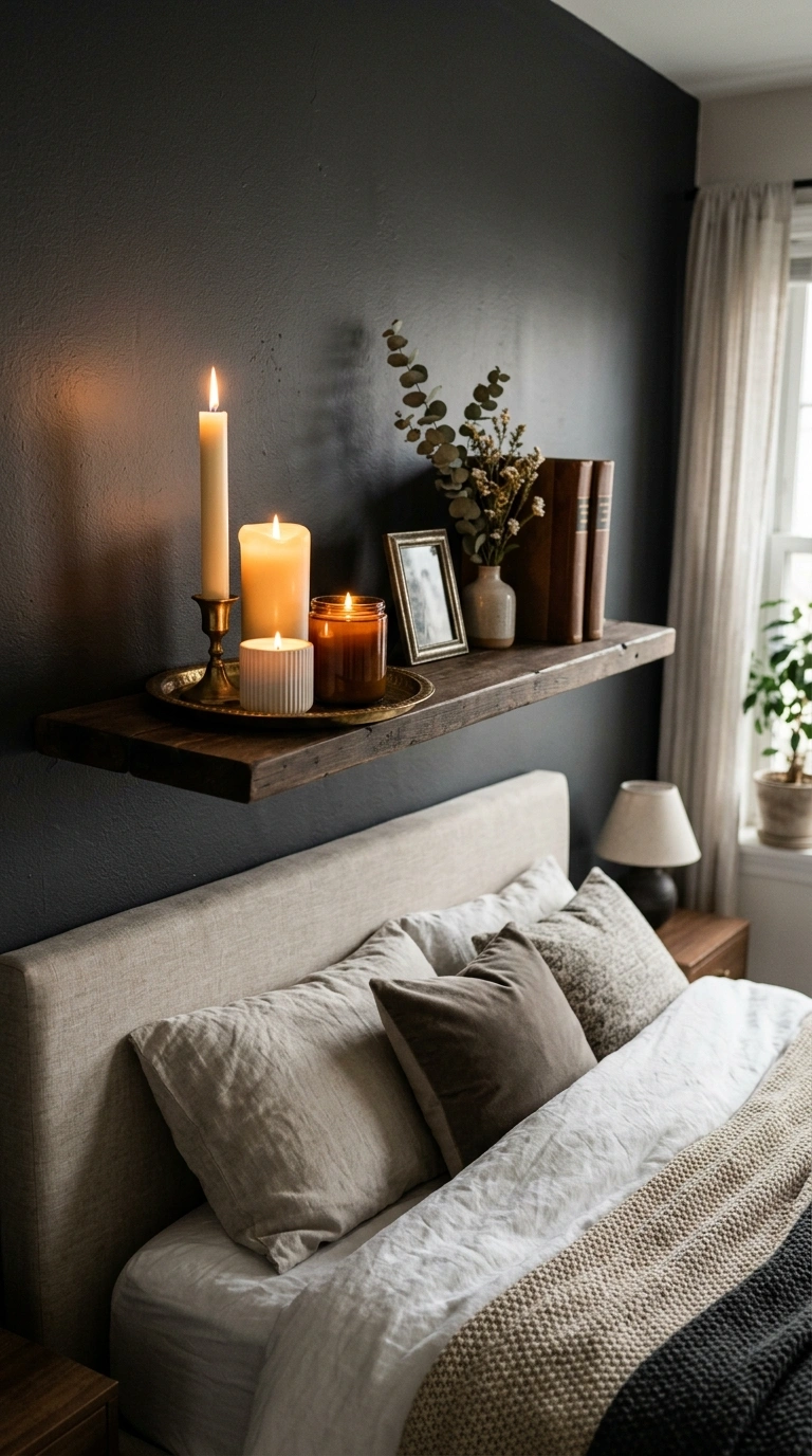 Cozy Candle Lighting Shelf Above the Bed