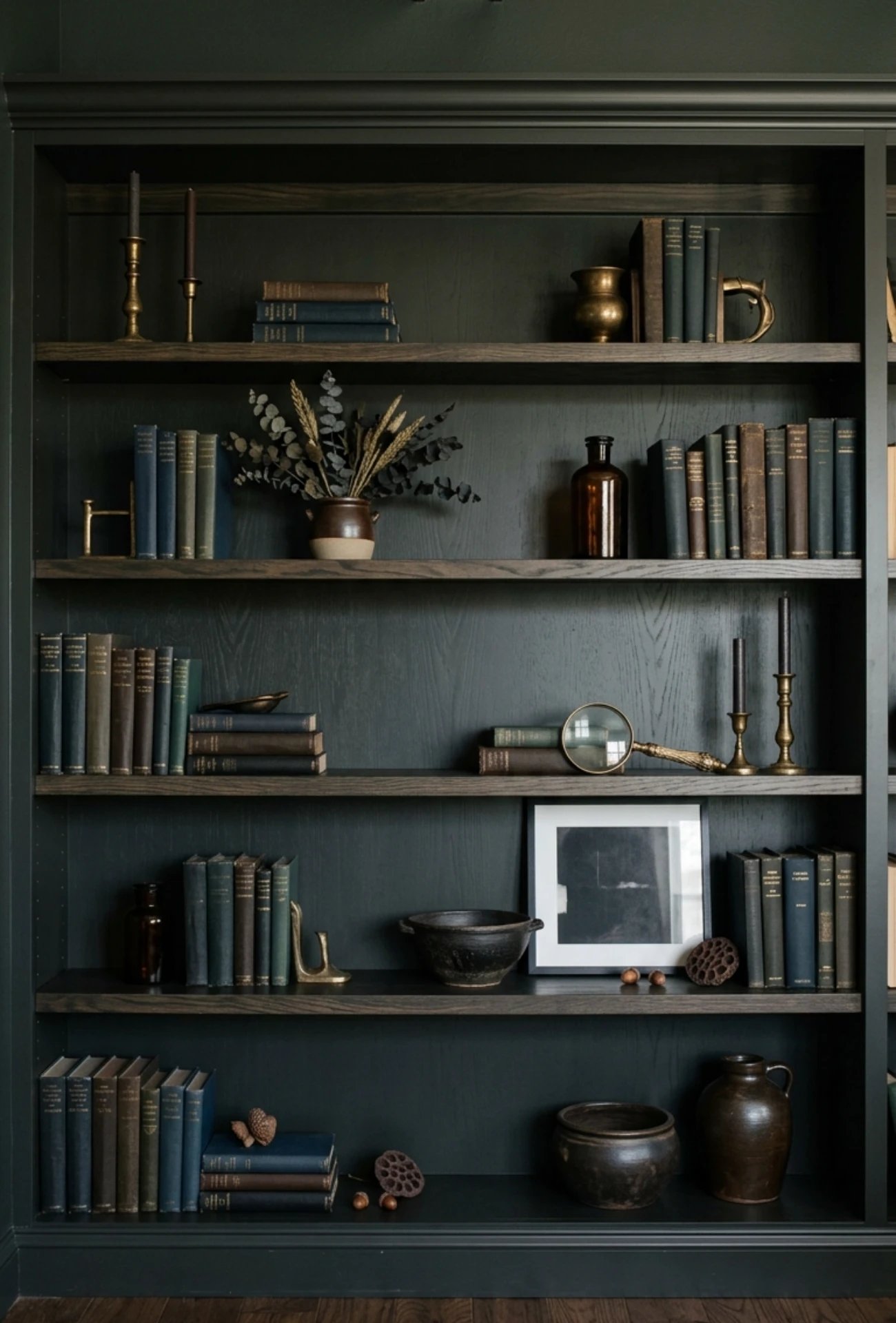 Dark Moody Bookshelf Styling with Rich Tones