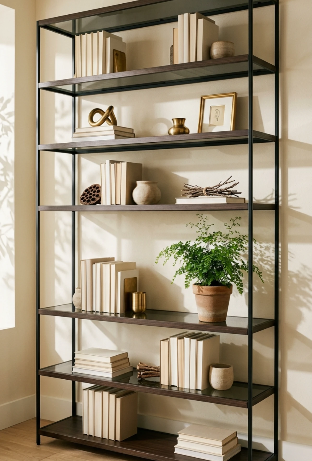 Dark Wood Bookshelf Styling