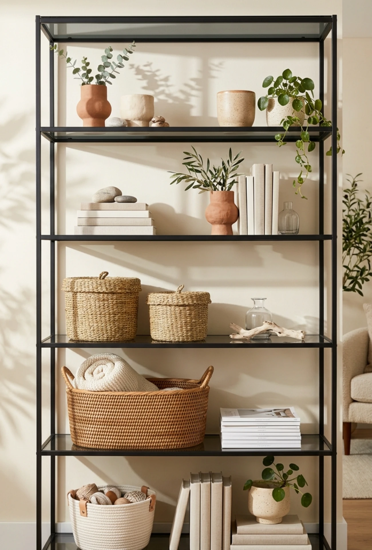Decorative Storage Baskets on Open Shelves