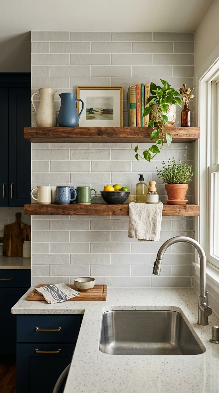 Double Floating Shelf System Above Sink