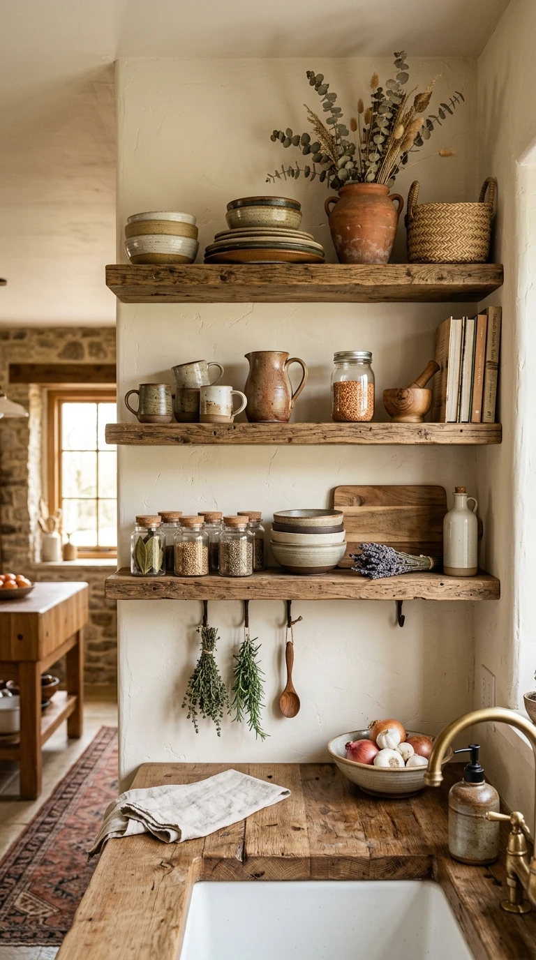 Earthy Rustic Kitchen Shelves