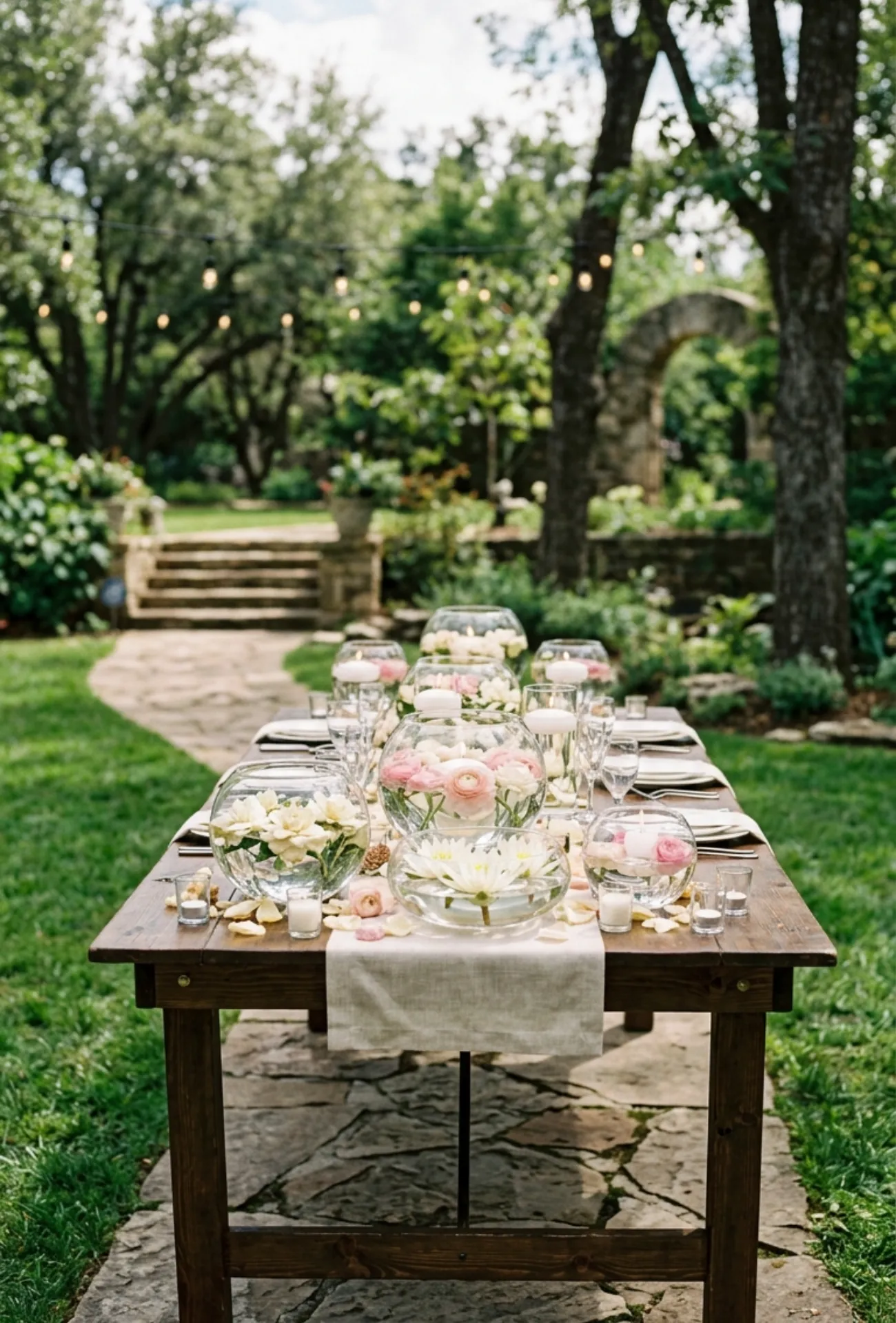 Floating Floral Centerpieces in Glass Bowls