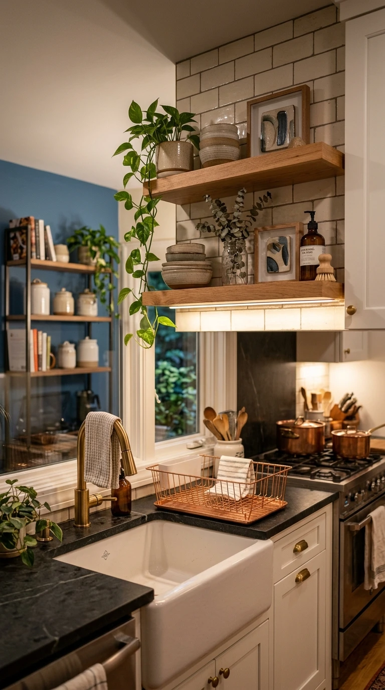 Floating Shelf Above Sink with Soft Lighting