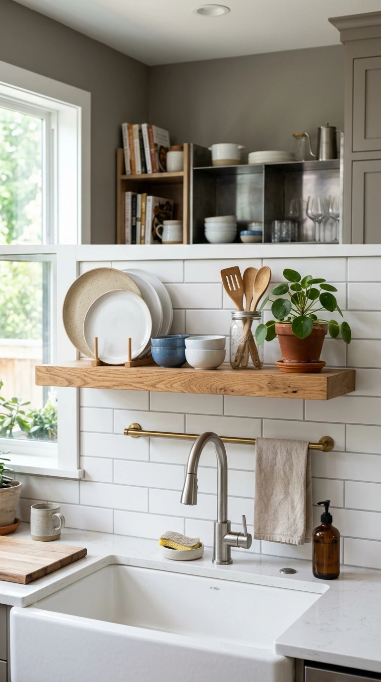 Floating Wood Shelf Above Sink with Dish Display