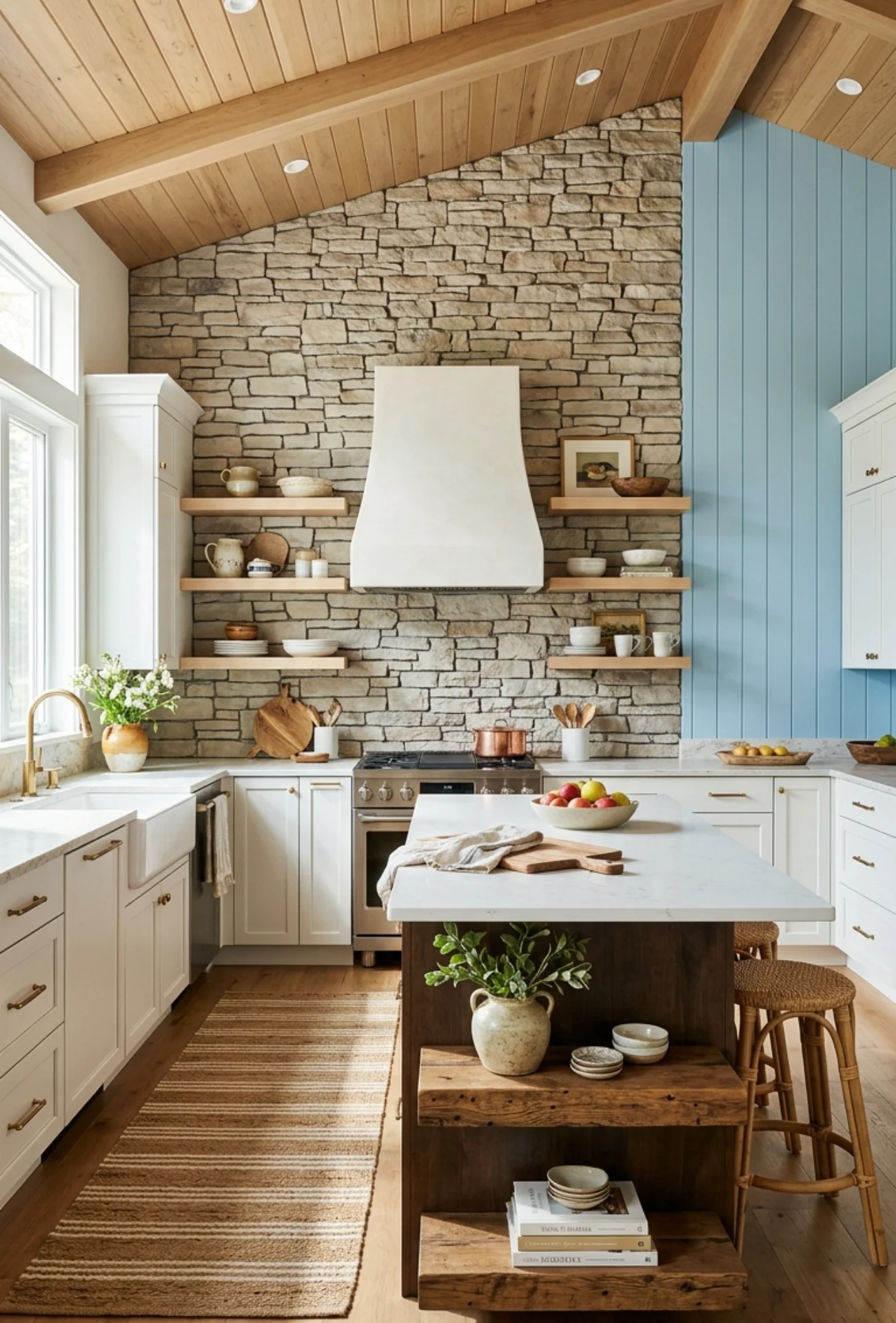 Floor to Ceiling Stone Backsplash Feature Wall