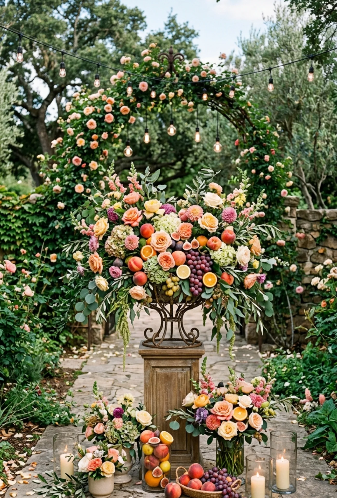 Fruit and Floral Centerpieces with Peaches, Grapes, and Citrus