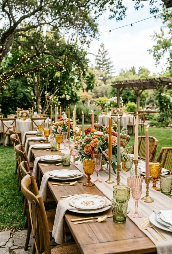 Garden Party Tables Featuring Colored Glassware and Candles