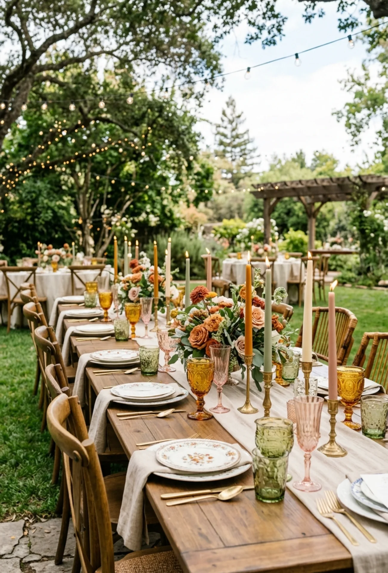Garden Party Tables Featuring Colored Glassware and Candles
