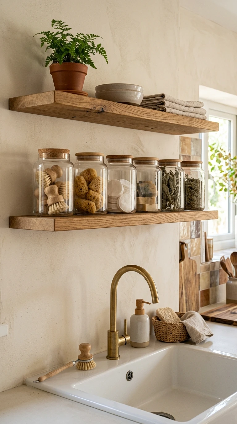 Glass Jar Storage Shelf Above Sink Setup