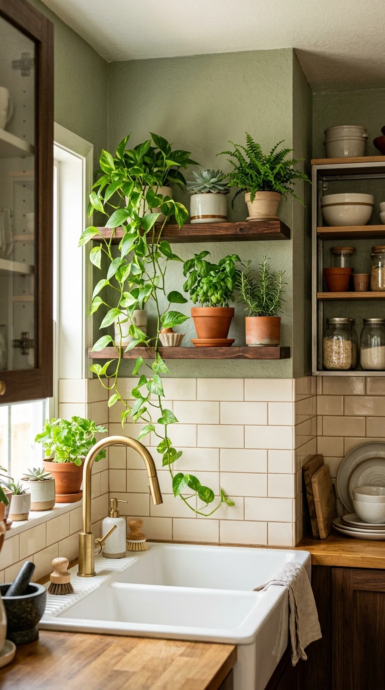 Green Plants Decorating Shelf Above Sink