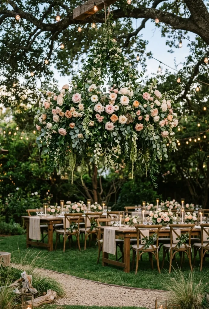 Hanging Floral Chandelier Above Dining Tables