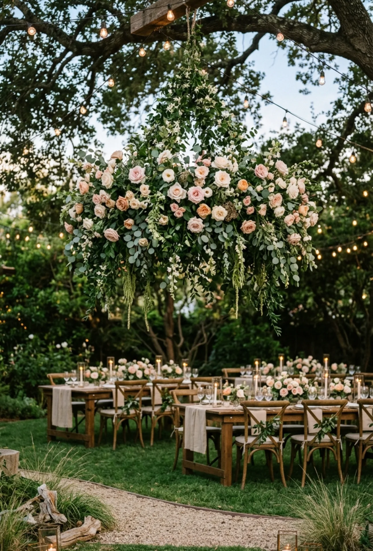 Hanging Floral Chandelier Above Dining Tables
