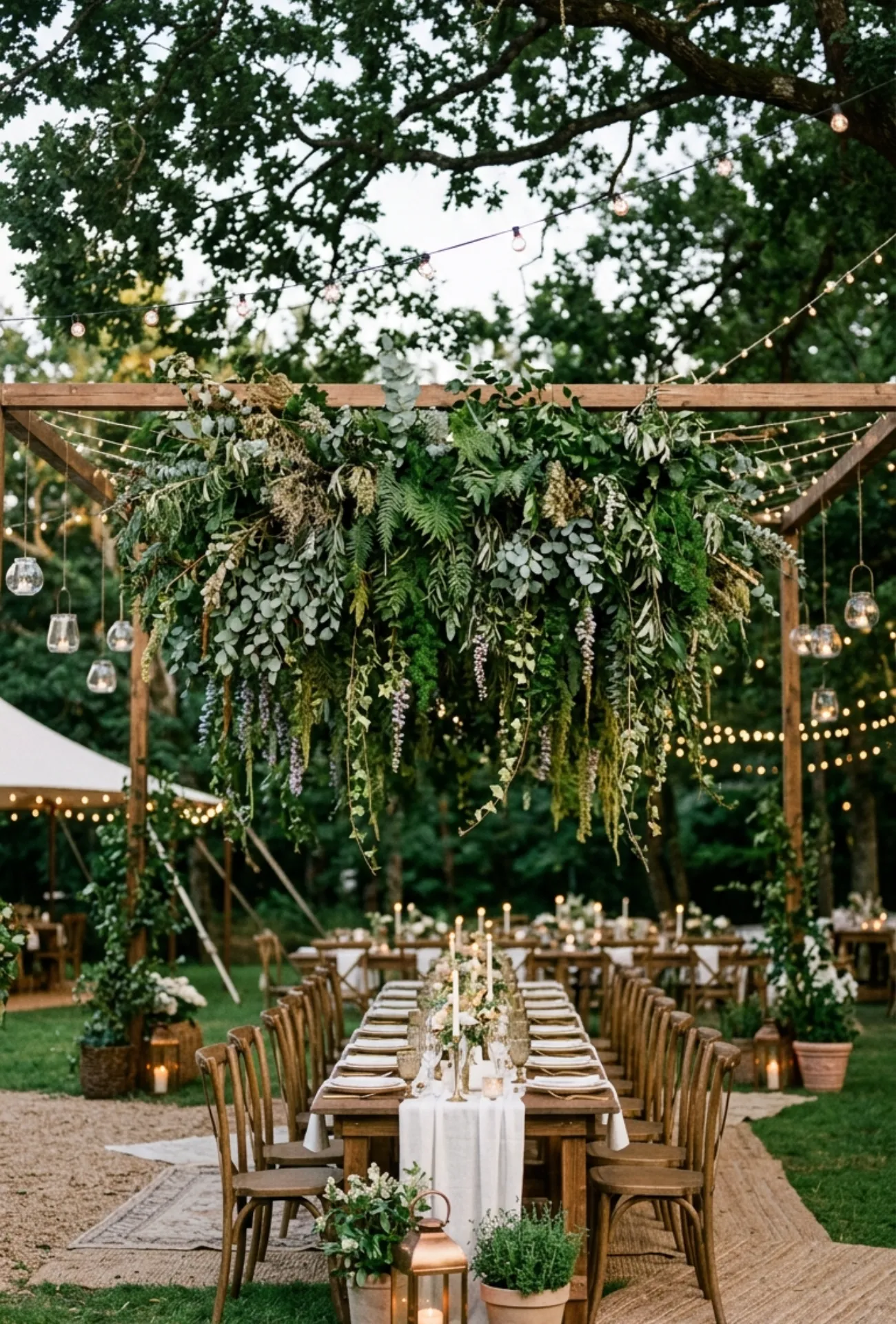 Hanging Greenery Installation Above Dining Tables