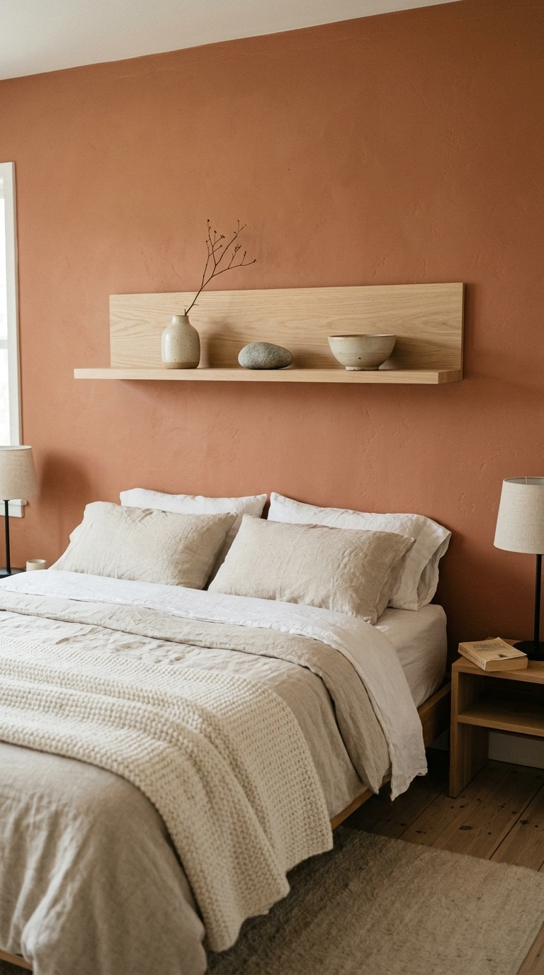Japandi Style Shelf Above the Bed with Natural Textures