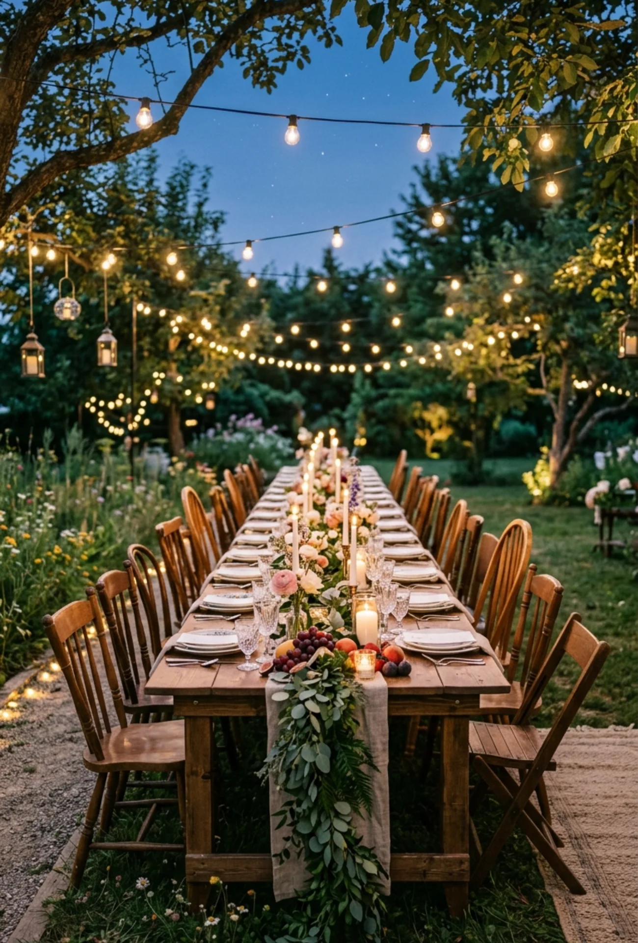 Long Family Style Reception Tables Under the Stars