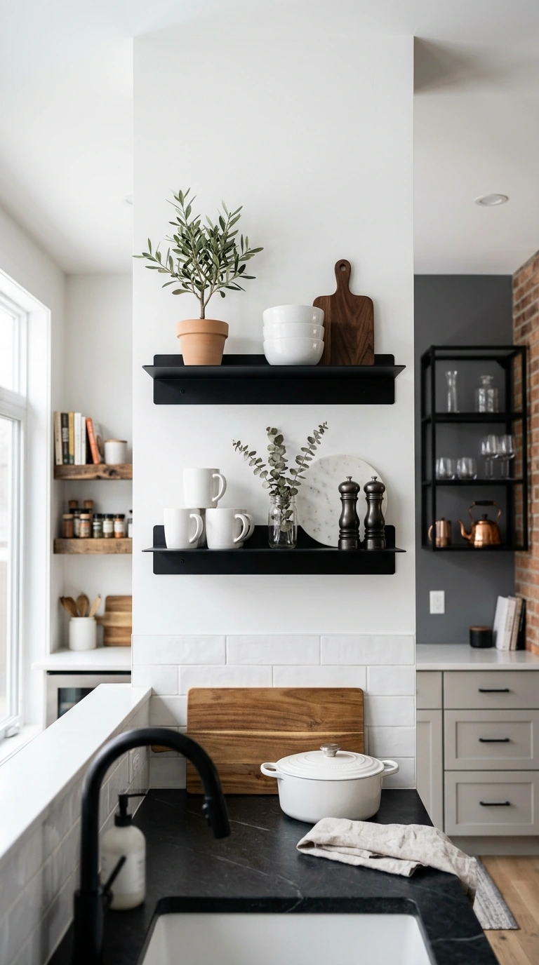 Matte Black Floating Shelves + White Contrast