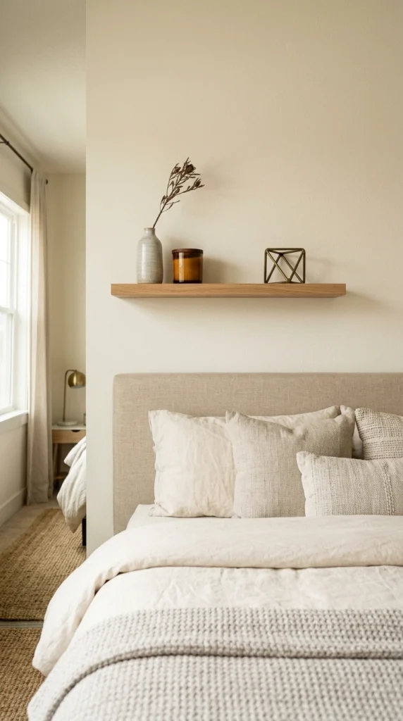 Minimal Floating Shelf Above the Bed with Clean Décor