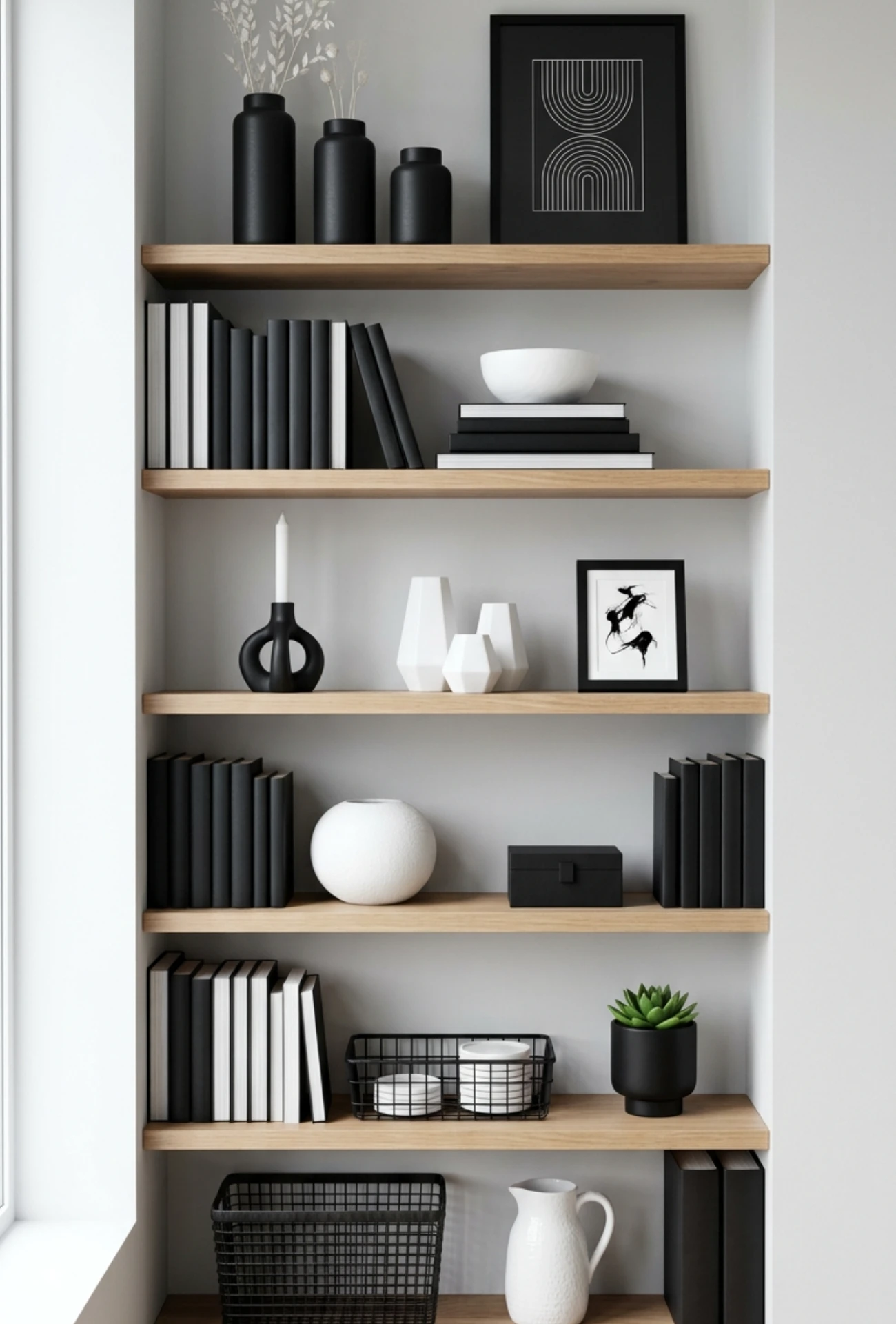 Monochrome Black and White Shelf Decor Theme
