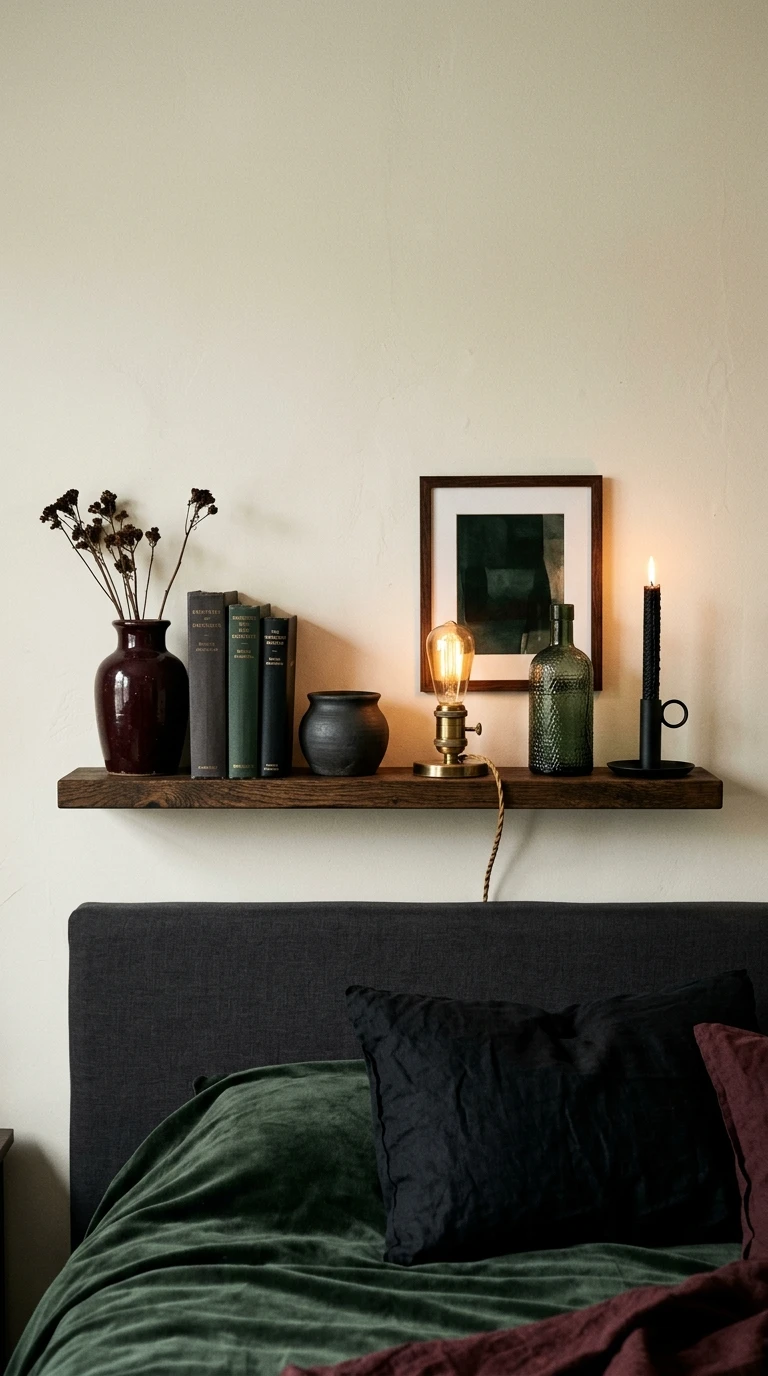 Moody Bedroom Shelf Styling with Dark Accents