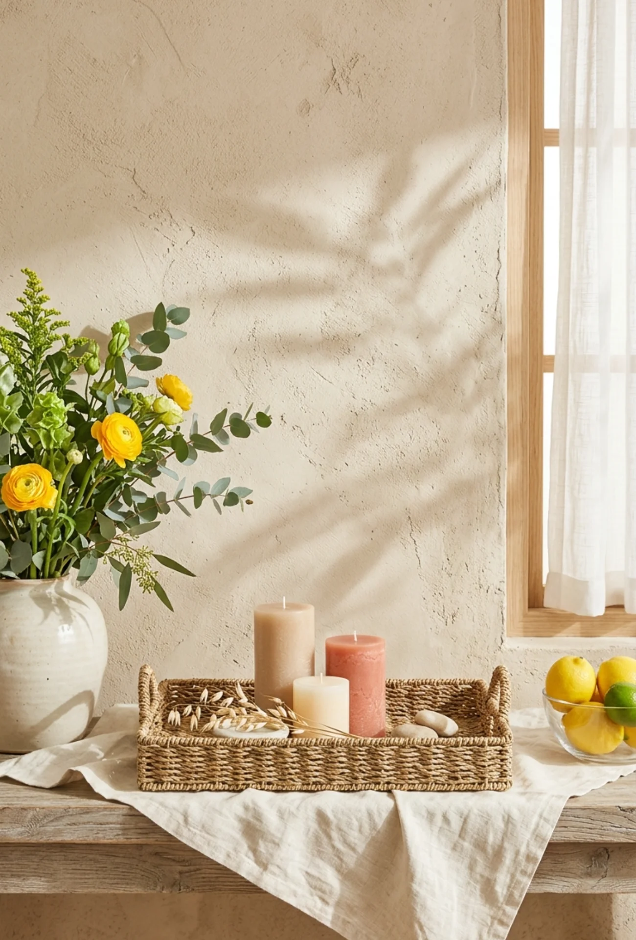 Natural Fiber Tray and Candle Arrangement