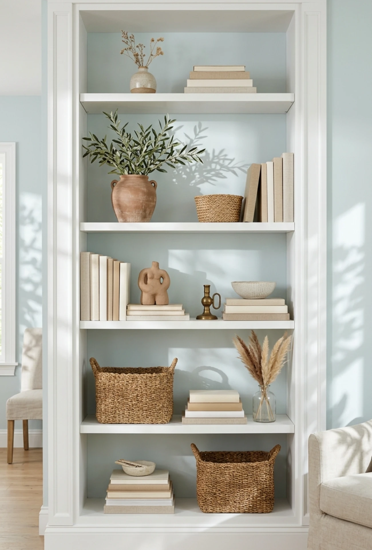 Neutral Tone Bookshelf Decor