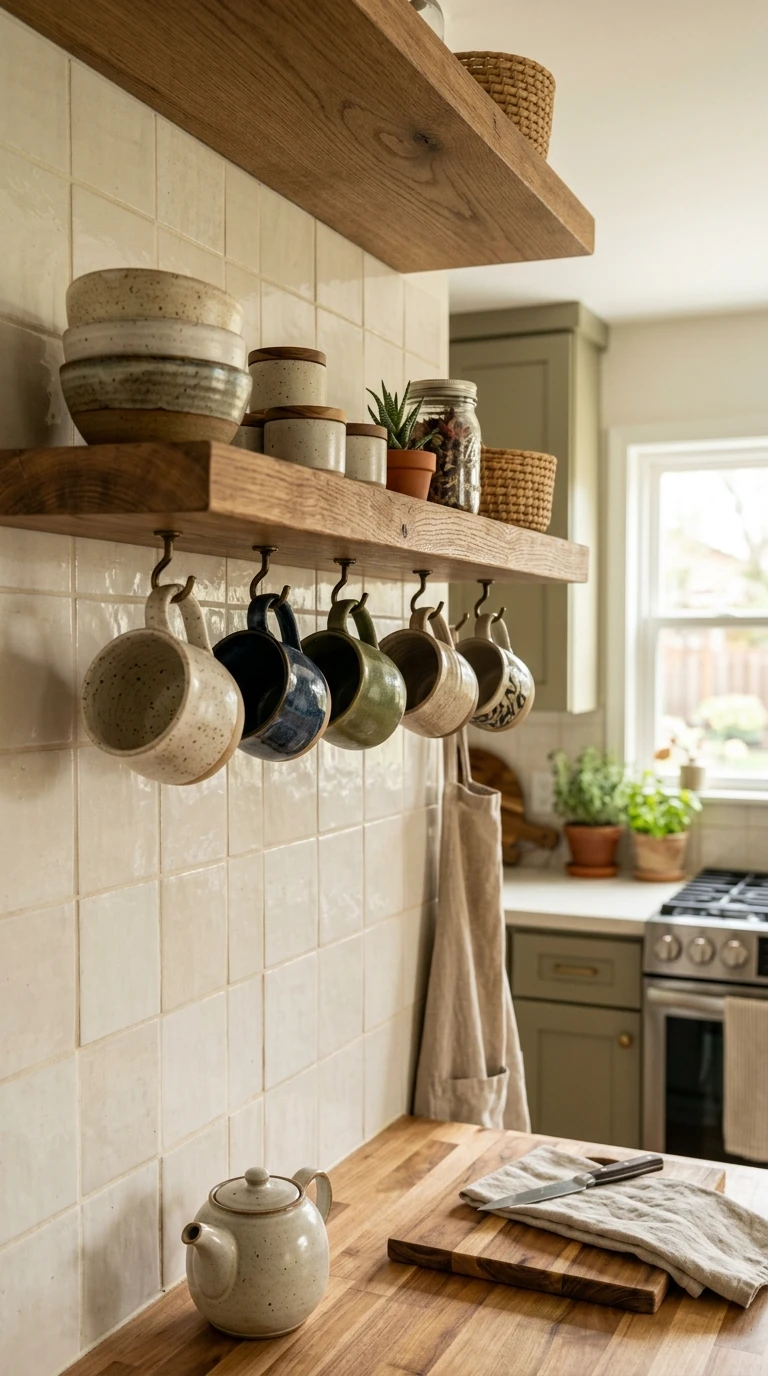 Open Shelves with Hooks for Mugs