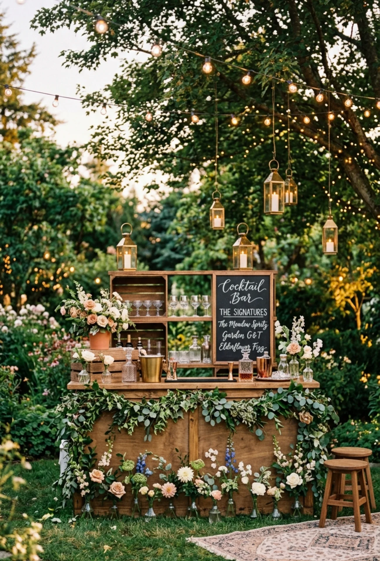 Outdoor Bar Styled with Seasonal Flowers and Greenery
