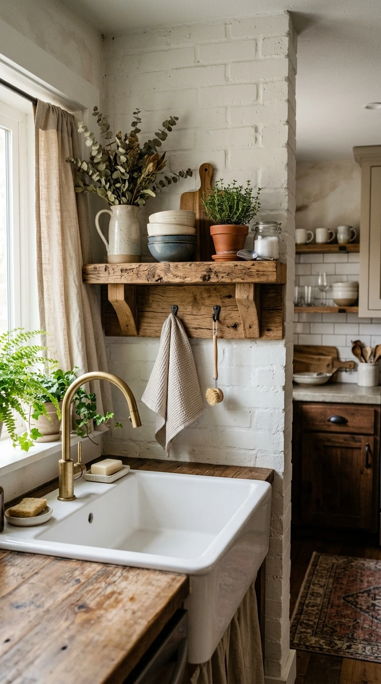 Rustic Wood Shelf Above Sink Farmhouse Style