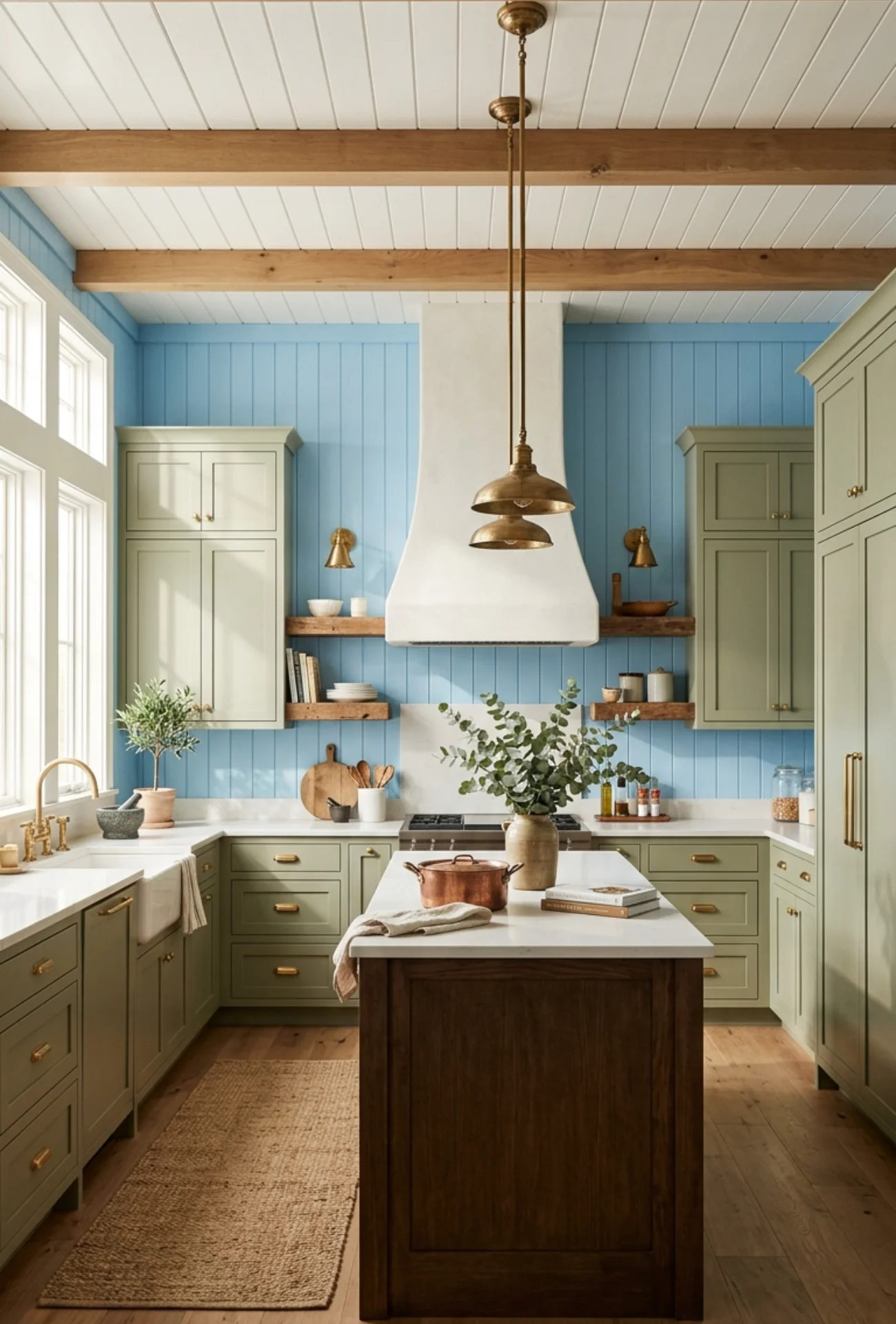 Sage Green Cabinets with Brass Hardware