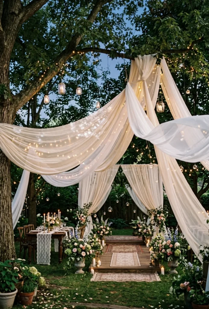 Sheer Fabric Ceiling Draping Between Trees